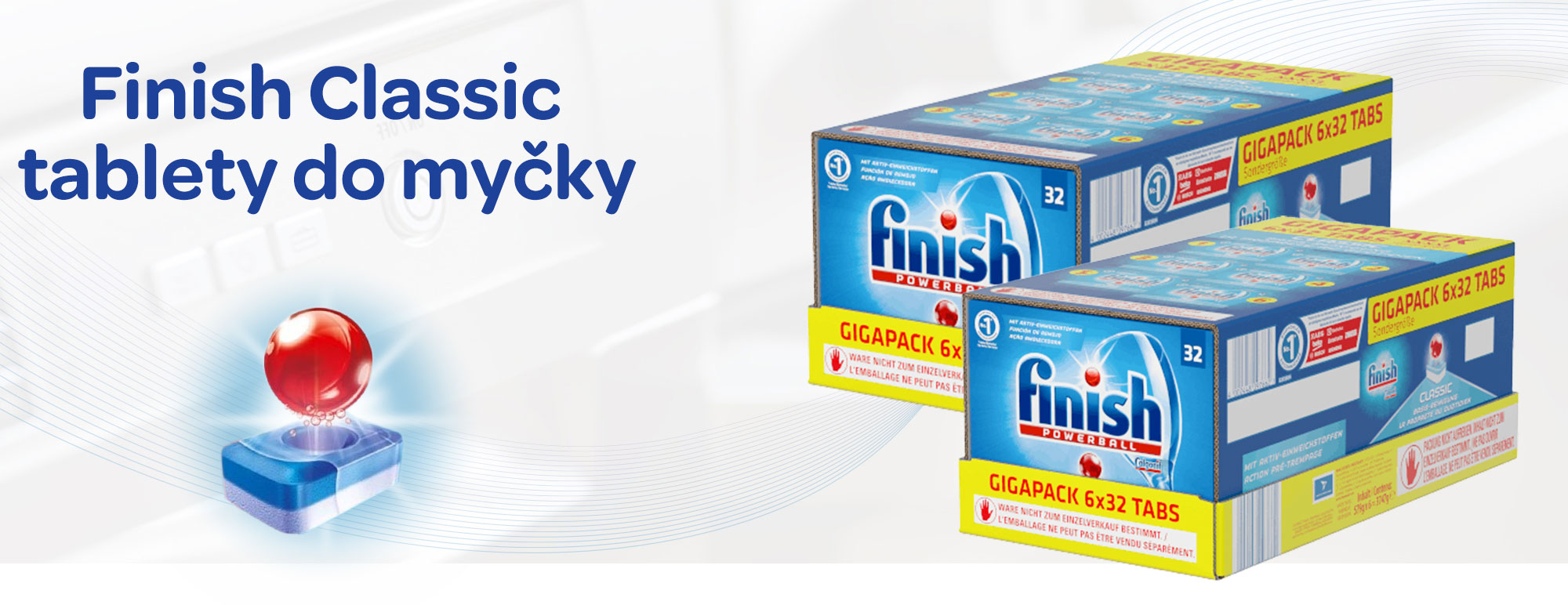 Finish classic powerball, funkce předmáčení, odstraní odolné nečistoty, skvrny od čaje