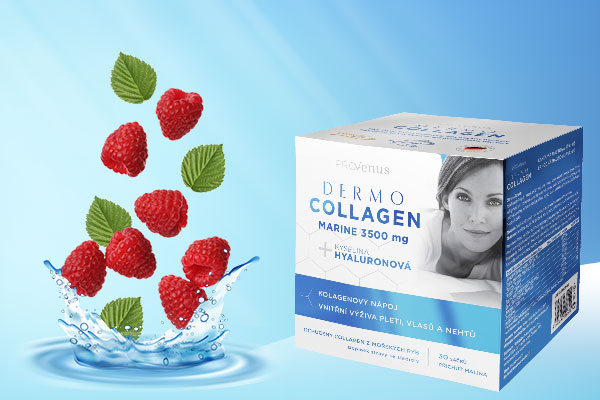 Provenus, DermoCollagen, kolagen z příchutí maliny, mořský rybí kolagen kyselina hyalurunová, vnitřní výživa pro pleť, nehty a vlasy,Vitamin C, biotin, zinek, obsahuje sladila, nízké kalorie