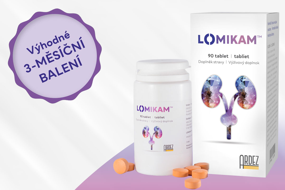 Lomikam, unikátní kombinace pro močový měchýř a ledviny, doplněk stravy, citráty, Phyllanthus niuri - normální funkce močové soustavu a toku moči, Chrysanthellum americanum, příznivý vliv na oběhovou soustavu, Ulevuje od pocitu těžkých nohou., výhodné balení na tři měsíce