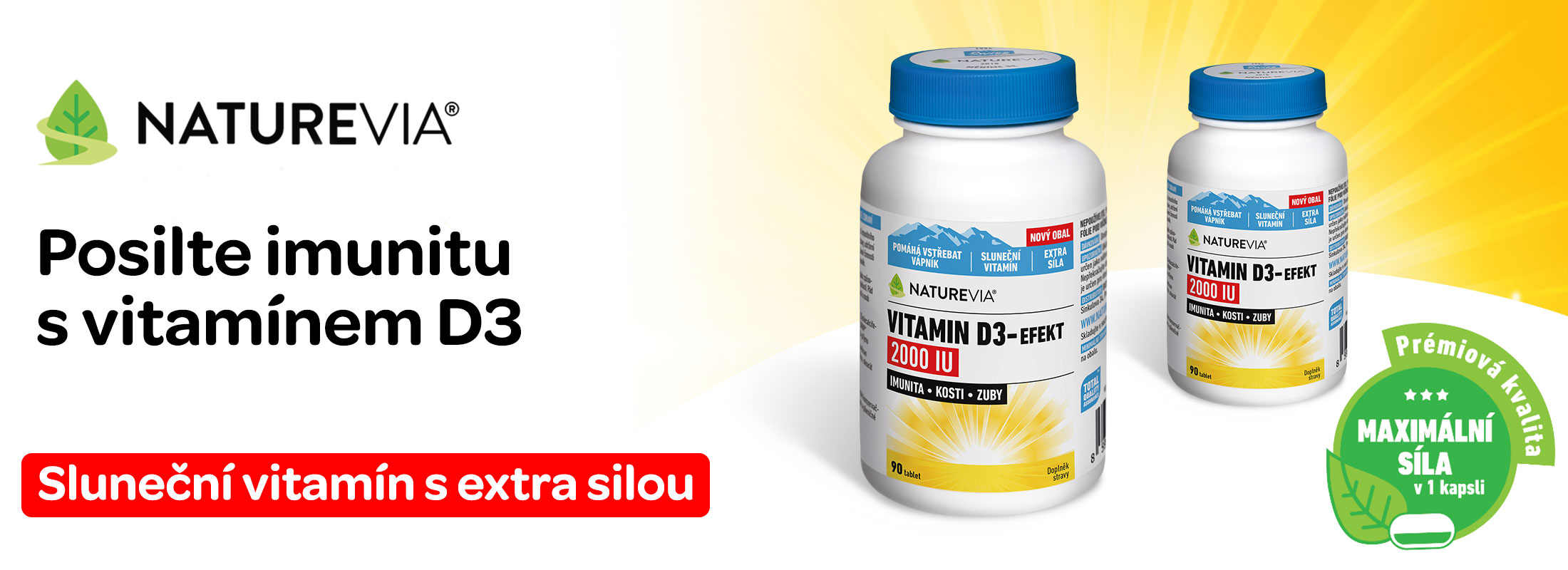 Naturevia, vitamin D3, posiluje imunitu, podporuje správný vývoj kostí, zubů, Vhodný pro seniory, lidi se slabou imunitou, podporuje správnou funkci svalů.