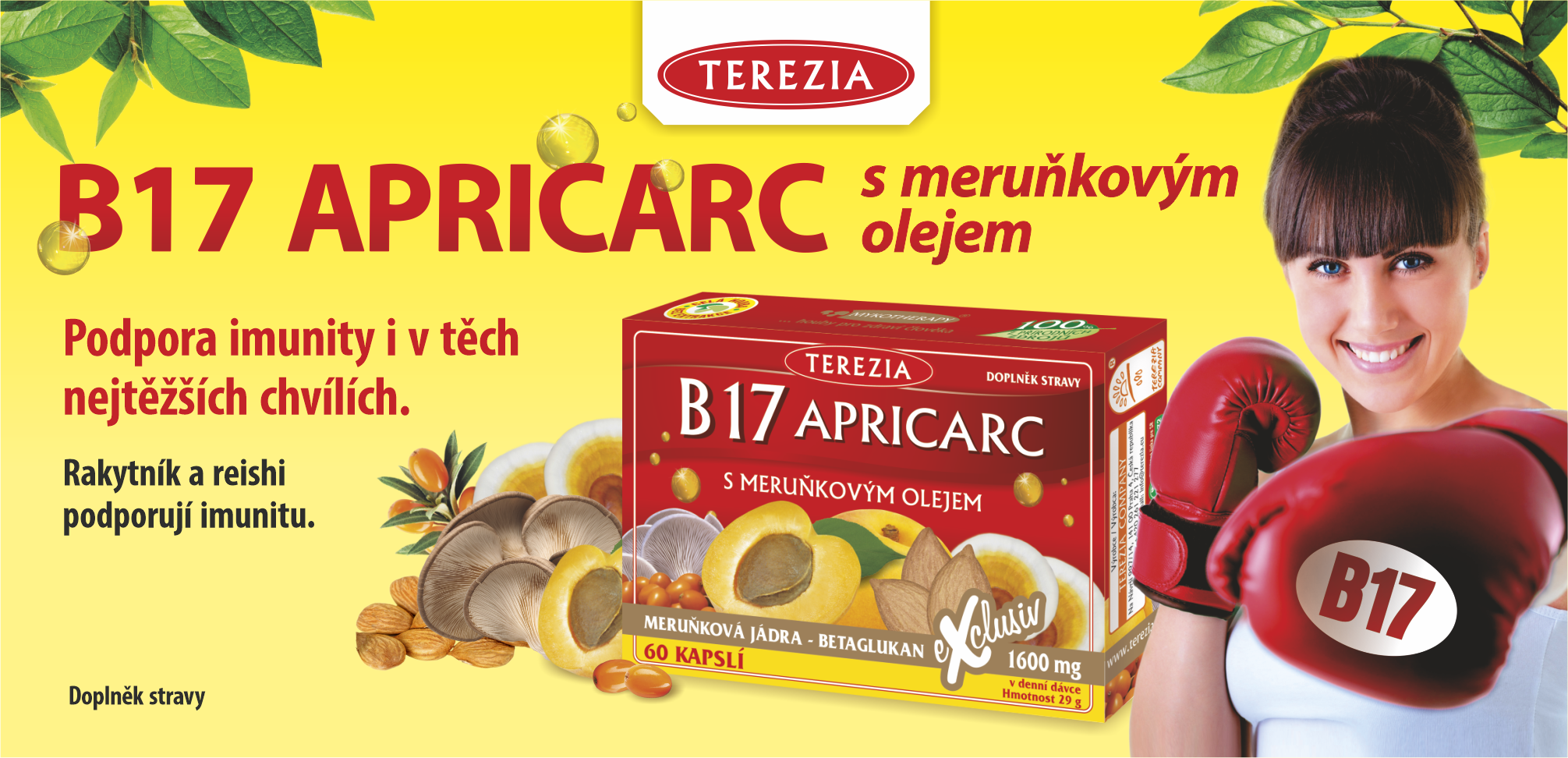 Terezia, B17 Apricarc, silná kombinace přípravku, podporuje organizmus, Doplňuje tělu potřebné látky, obranyschopnost, oběhový systém, metabolismus, činnost srdce, ůnava, zdravá pokožka, trávicí trakt, hlíva ústřičná, meruňkový olej