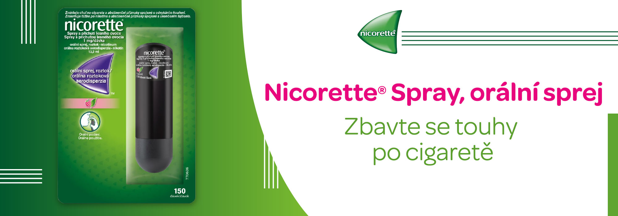 Nicorette, orální sprej, omezuje chuť na cigaretu, přestaňte kouřit s účinným sprejem nicorette, příjemná chuť lesního ovoce