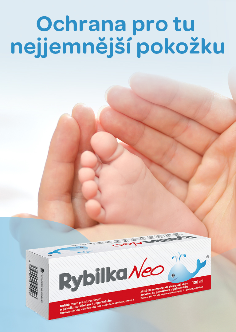 Rybilka NEO, dětská pokožka, rybí olej z tresčích jater, panthenol, Vitamín E, regeneruje, zklidňuje, zvláčňuje