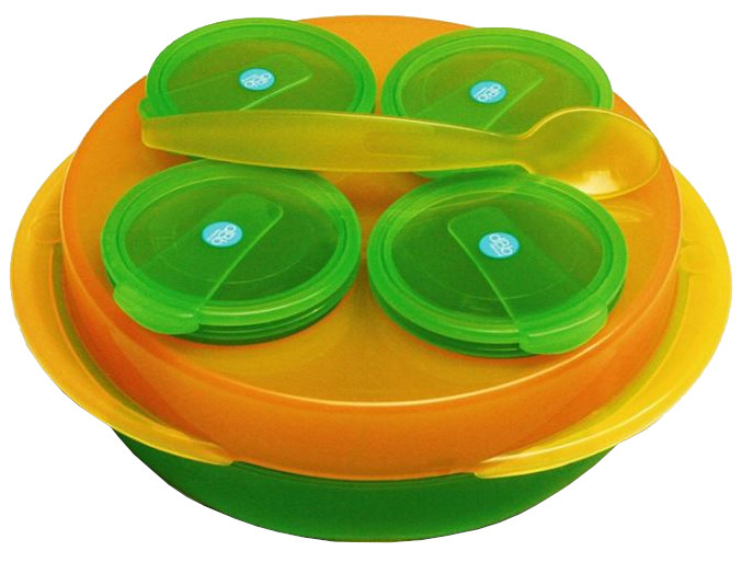dBb Baby Snack, sada 4 misek, talíř, lžíce, oranžovozelená